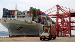 An ocean carrier loads containers for outbound shipment at a container terminal in Lianyungang, East China's Jiangsu province, Sept. 7, 2021. 