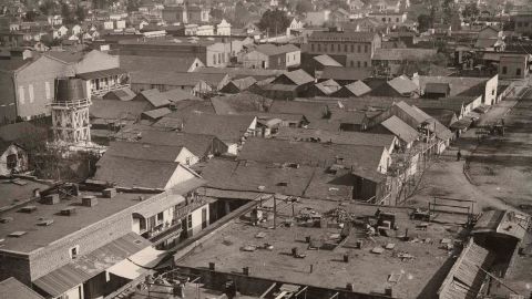 From the History San Jose Photographic Collection, this 1887 photo shows a view of the roof tops of Market Street in Chinatown, before the fire.