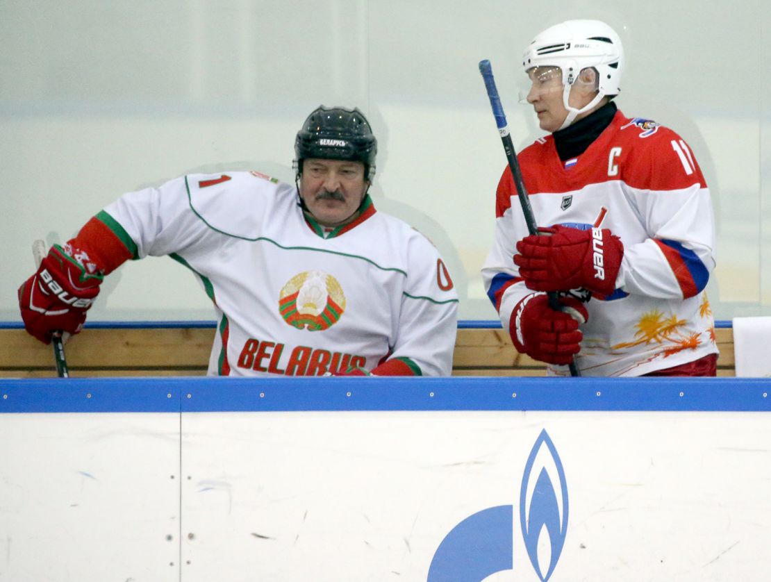 Lukashenko attended a hockey match with his ally, Russian President Vladimir Putin,  in Sochi, Russia, in 2020. 