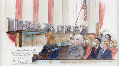 Deputy Attorney General Lisa Monaco moves to have Justice Amy Coney Barrett's commission read by the Clerk at the Supreme Court, Friday, October 1.