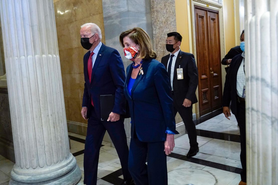 President Joe Biden walks with House Speaker Nancy Pelosi on Capitol Hill, Friday, October 1, 2021.