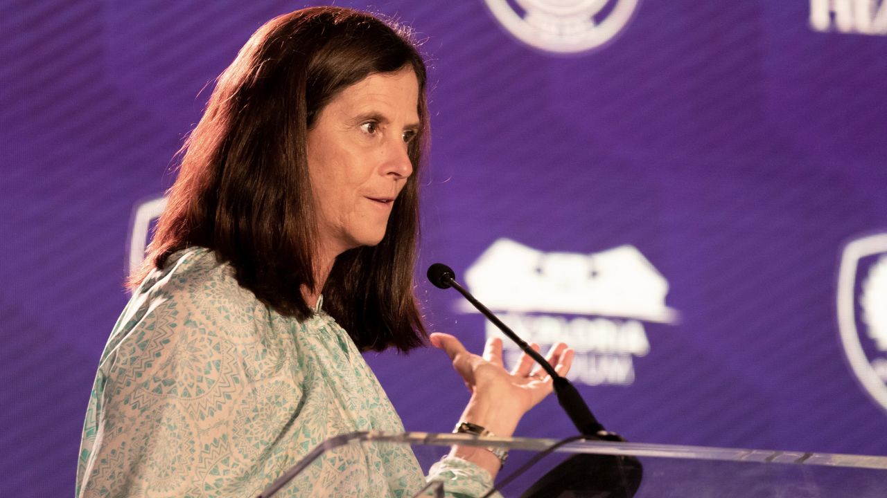 Lisa Baird speaks during the Wilf Family Welcome Event at Exploria Stadium in Orlando, Florida, on August 4, 2021.