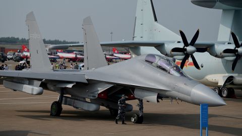 A Chinese J-16 multirole strike fighter for the People's Liberation Army Air Force (PLAAF) is shown at the 13th China International Aviation and Aerospace Exhibition in Zhuhai on September 28.