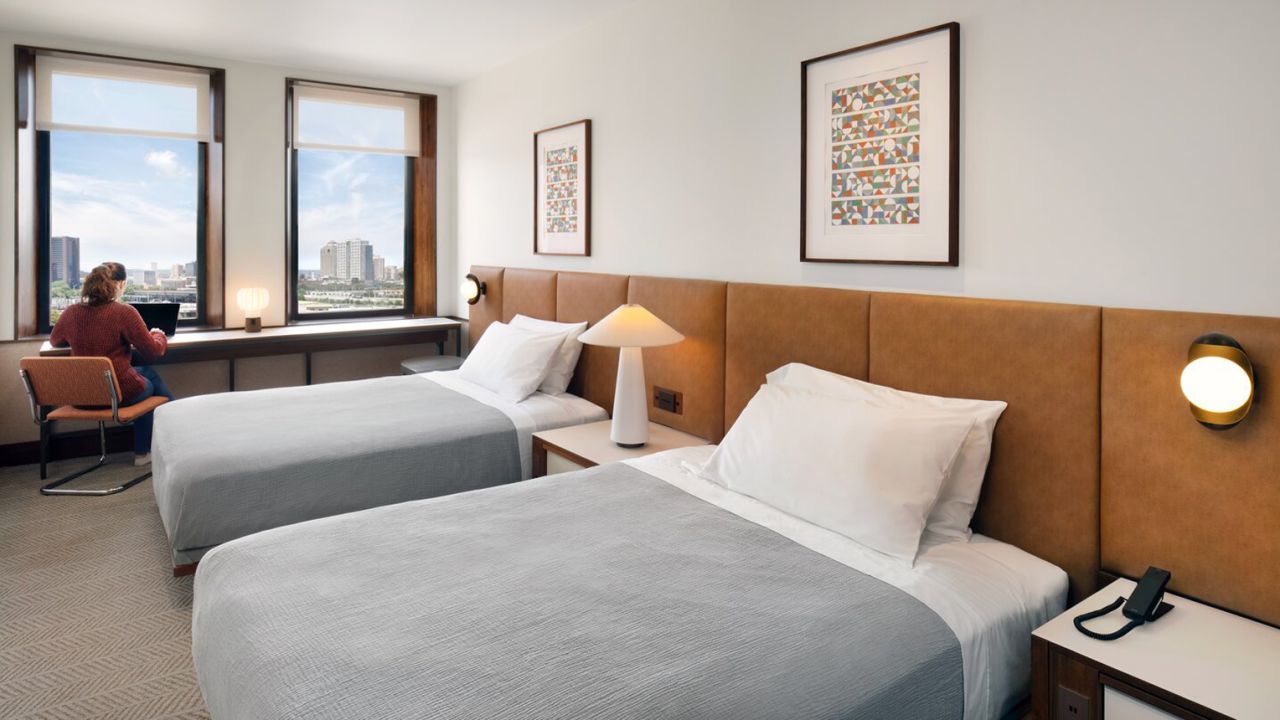 A model standard room at the Hotel Marcel, slated to open in early 2022.