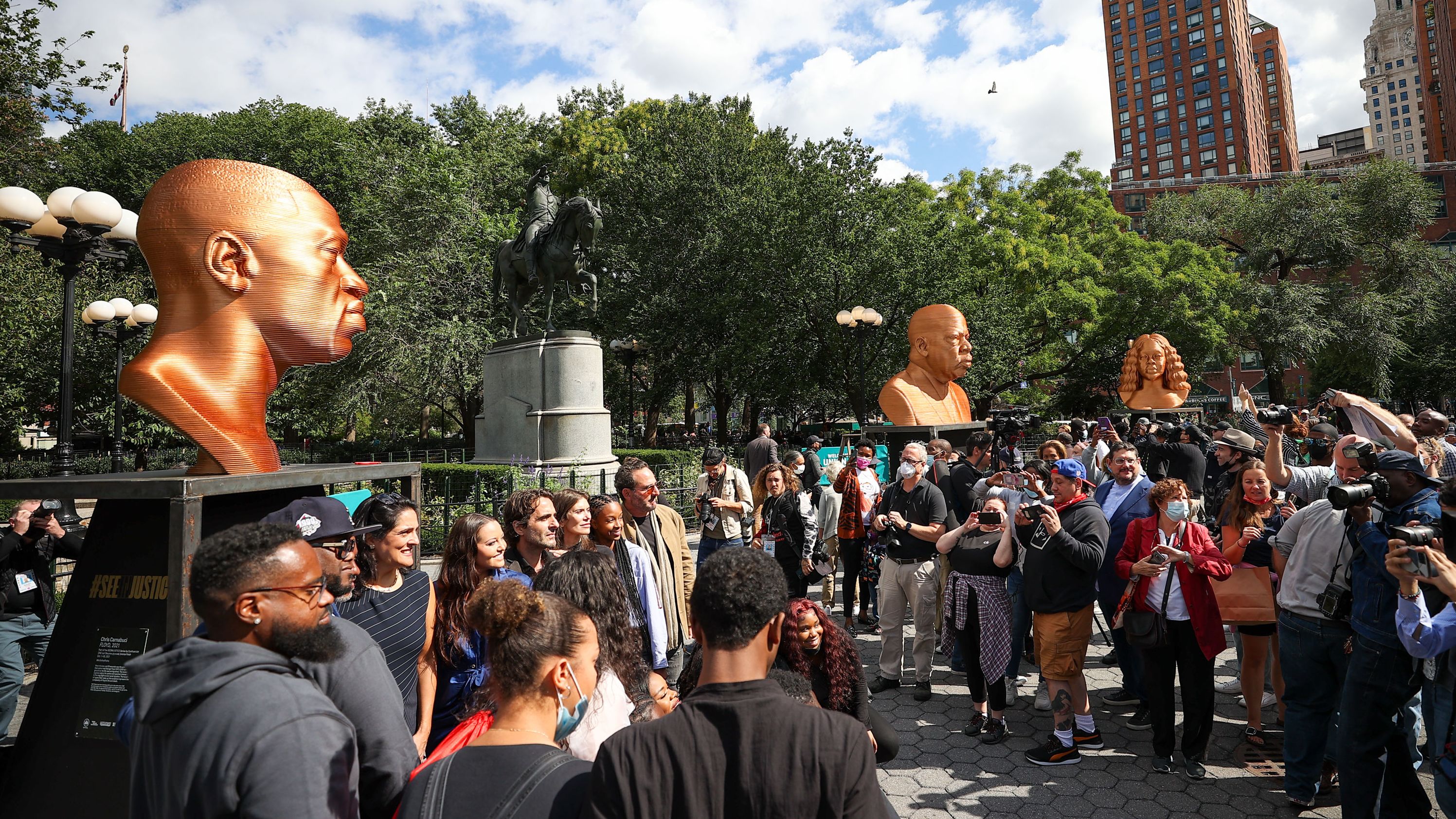 Statues are placed at Union Square in New York City on September 30.