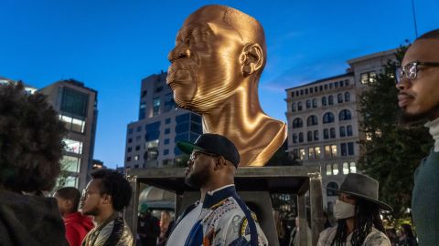 A bust of George Floyd at a "Seeinjustice" event