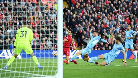 Mohamed Salah of Liverpool scores during a 2-2 draw with Manchester City in October 2021.