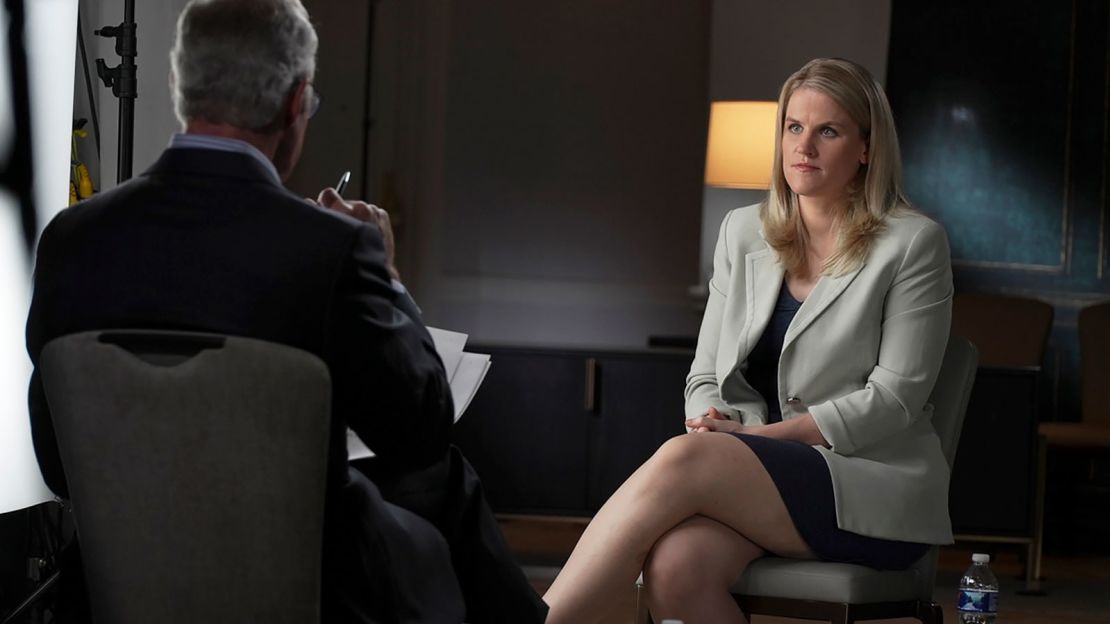 Frances Haugen, a former Facebook product manager, speaks with Scott Pelley during a "60 Minutes" interview that aired on October 3.