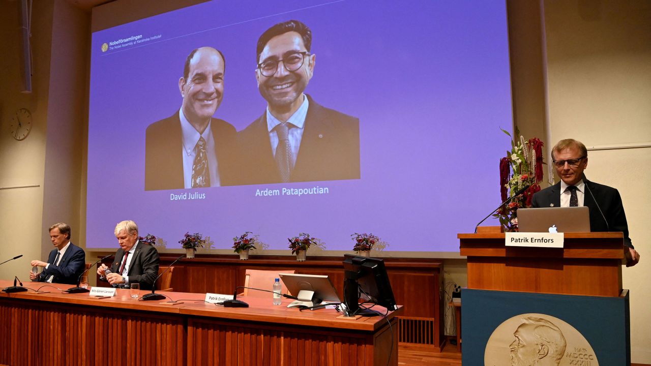 Patrik Ernfors (right), a member of the Nobel Committee for physiology or medicine, stands next to a screen displaying the winners of the 2021 Nobel Prize, David Julius and Ardem Patapoutian.