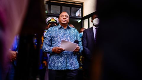 Kenya's President Uhuru Kenyatta speaks after visiting a hospital in Nairobi on Sept. 29, 2021.
