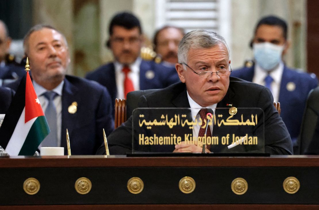Jordan's King Abdullah II speaks during a conference in Iraq on Aug. 28, 2021. 