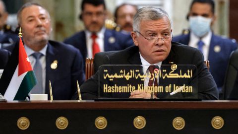 Jordan's King Abdullah II speaks during a conference in Iraq on Aug. 28, 2021.