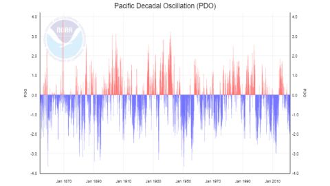 This graph shows the warm (in red) and the cool (in blue) phases of the Pacific Decadal Oscillation (PDO). The Earth is currently in a cool phase of PDO.