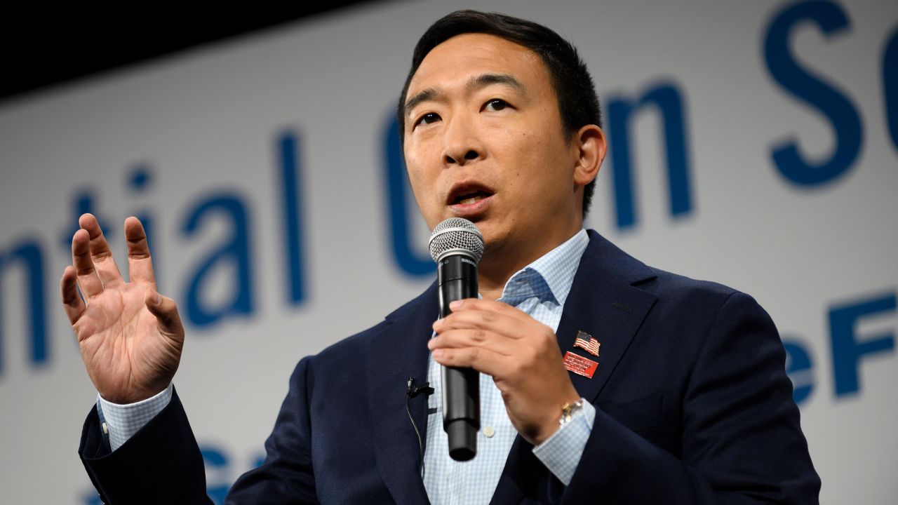 Andrew Yang speaks during a forum on gun safety at the Iowa Events Center on August 10, 2019, in Des Moines, Iowa.