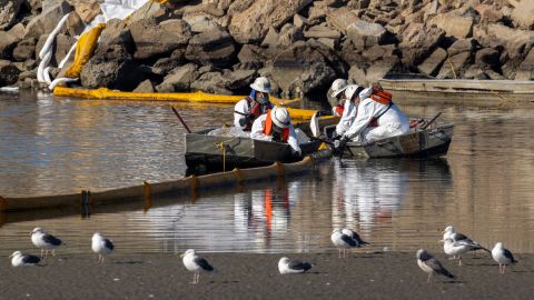 Workers in boats try to clean up floating oil near gulls in the Talbert Marshlands as a 3,000-barrel oil spill, about 126,000 gallons, from an offshore oil rig reaches the shore and sensitive wildlife habitats in Newport Beach, California on October 3, 2021.