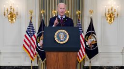 President Joe Biden delivers remarks on the debt ceiling during an event in the State Dining Room of the White House, Monday, Oct. 4, 2021, in Washington. 