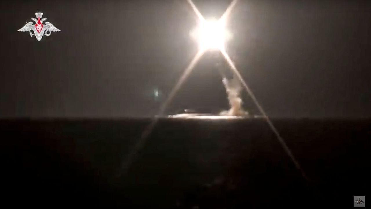 In this photo taken from video distributed by Russian Defense Ministry Press Service on October 4, 2021, a new Zircon cruise missile is launched by a Russian navy submarine from the Barents Sea. 