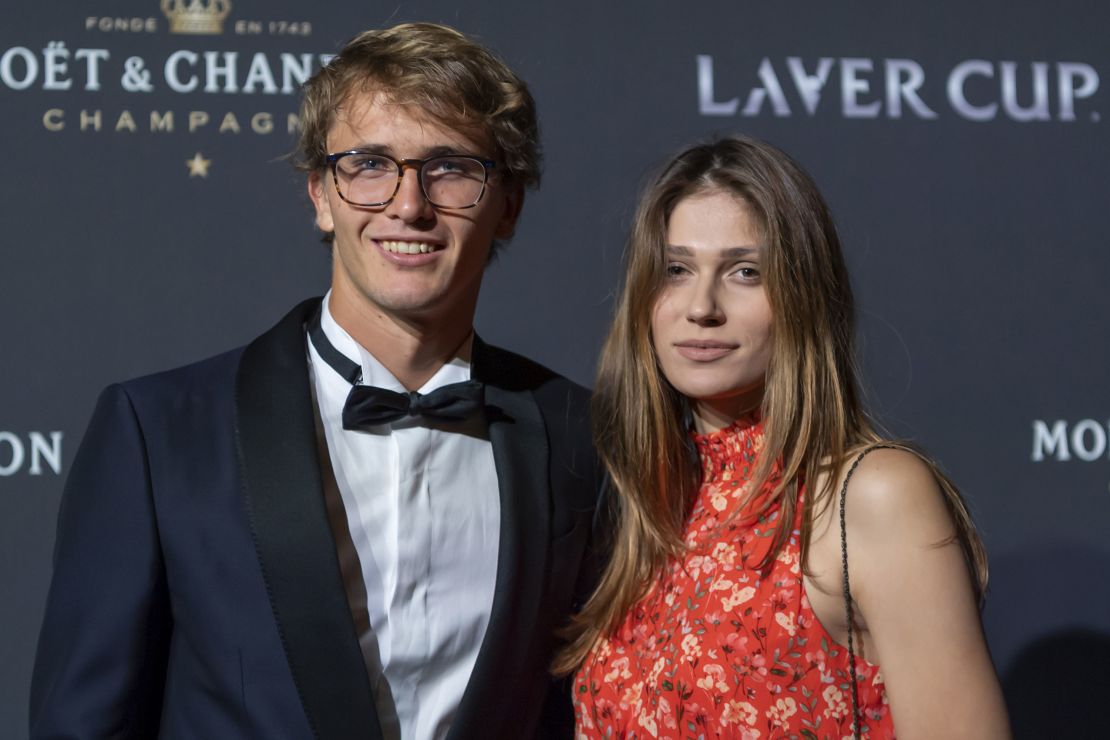 Zverev and Sharypova pose on the red carpet at Gala night during the Laver Cup in Geneva, Switzerland, in 2019.