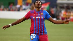 PORTLAND, OREGON - AUGUST 18: Asisat Oshoala #20 of FC Barcelona reacts after missing a shot attempt in the second half during the Women's International Champions Cup semifinal between Olympique Lyonnais and FC Barcelona at Providence Park on August 18, 2021 in Portland, Oregon. (Photo by Abbie Parr/Getty Images)