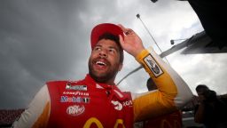 TALLADEGA, ALABAMA - OCTOBER 04: Bubba Wallace, driver of the #23 McDonald's Toyota, celebrates on the grid after winning the rain-shortened NASCAR Cup Series YellaWood 500 at Talladega Superspeedway on October 04, 2021 in Talladega, Alabama. (Photo by Chris Graythen/Getty Images)