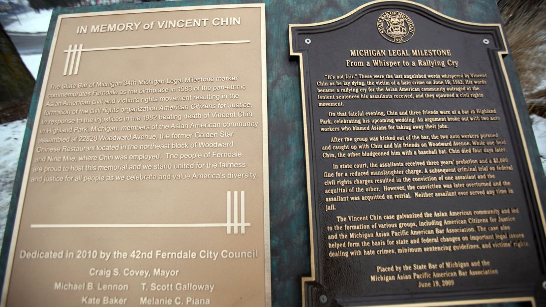 Two plaques dedicated to Vincent Chin, whose death galvanized an Asian American civil rights movement, are seen in Ferndale, Michigan.