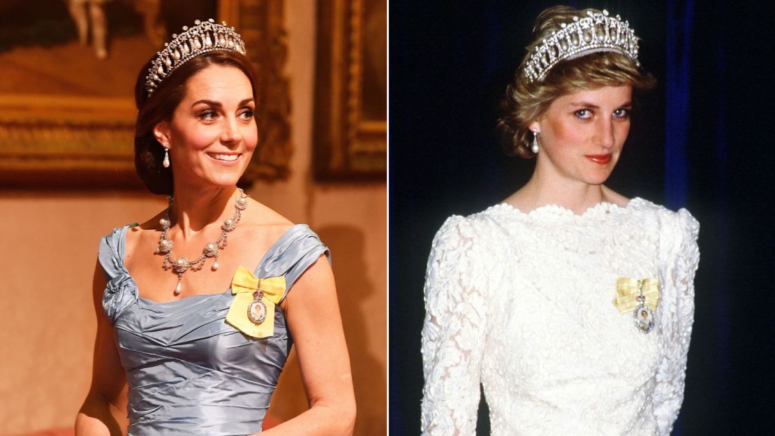 Kate Middleton and Princess Diana are both seen wearing the Lover's Knot tiara, matching Collingwood pearl drop earrings and a Royal Family Order brooch.