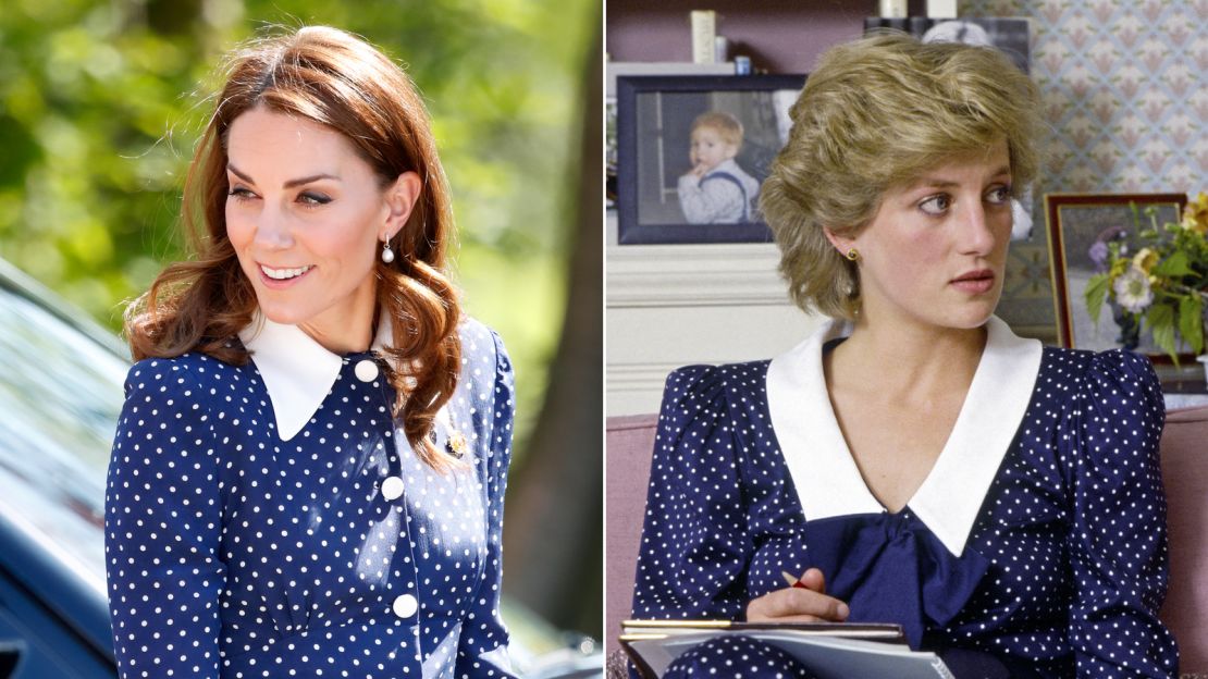 Kate Middleton wears an Alessandra Rich dress to an event at Bletchley Park in 2019, inviting comparisons to one worn by Princess Diana more than 30 years earlier.