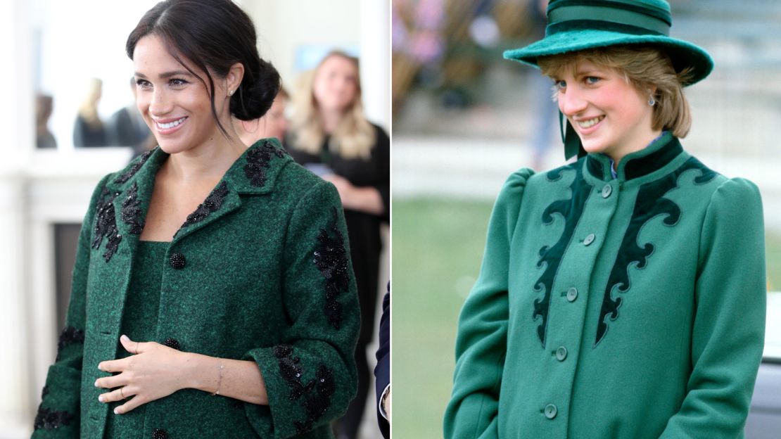 Meghan and Princess Diana were pictured wearing similar embroidered green coats while they were pregnant.