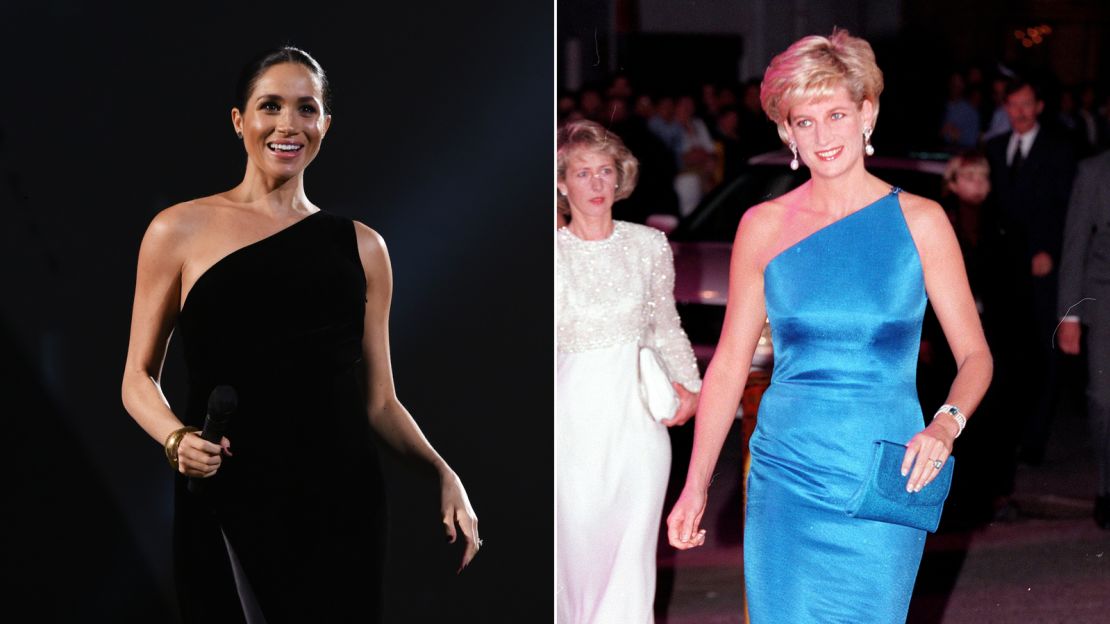 Princess Diana's stylist Anna Harvey once said Princess Diana loved one-shouldered gowns and Meghan Markle followed in her footsteps in a slinky Givenchy gown.