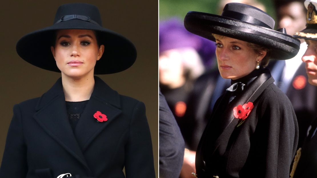 Meghan and Diana both wearing black buckled coats, wide brimmed hats and red poppy brooches to memorial events. 