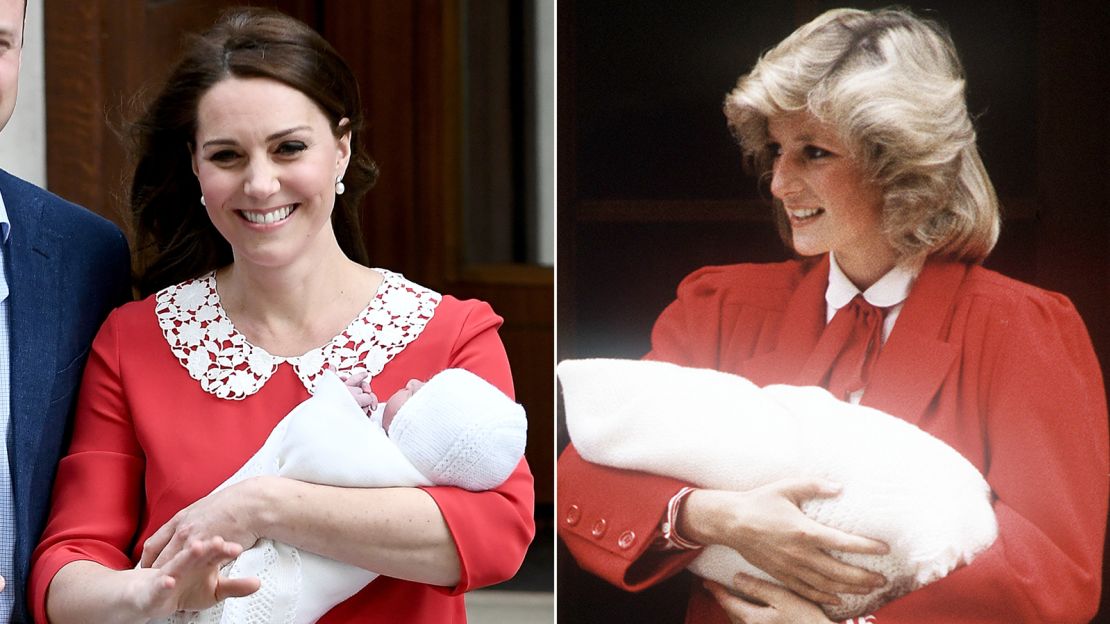 Kate and Diana standing on the steps of St Mary's Hospital decades apart. Kate's red Jenny Packham dress with Peter Pan-collar appeared to be a tribute to her late mother-in-law.
