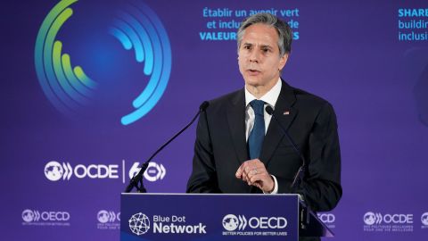 Secretary of State Antony Blinken speaks during a Blue Dot Network Discussion at the Organization for Economic Cooperation and Development's Ministerial Council Meeting, Tuesday, Oct. 5, 2021, in Paris. 