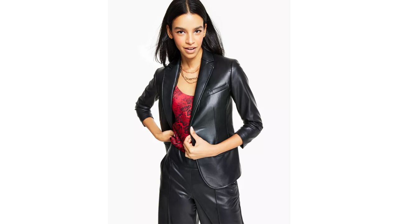 Bar III Ruched-Sleeves Faux-Leather Jacket