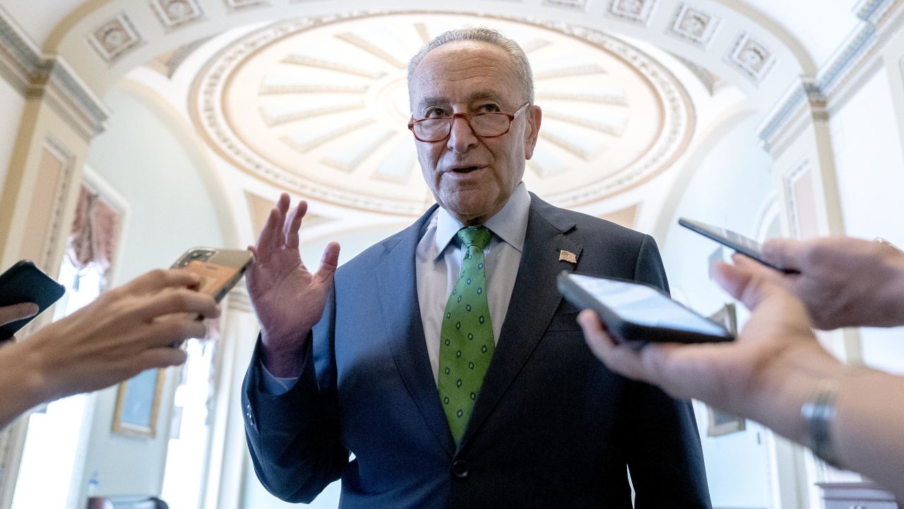 Senate Majority Leader Chuck Schumer speaks to members of the media at the U.S. Capitol in Washington, DC, on Monday, Oct. 4, 2021. 