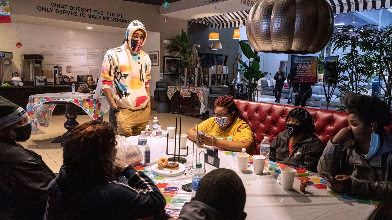 People taking shelter after winter weather caused blackouts, February 18, 2021, Houston, Texas