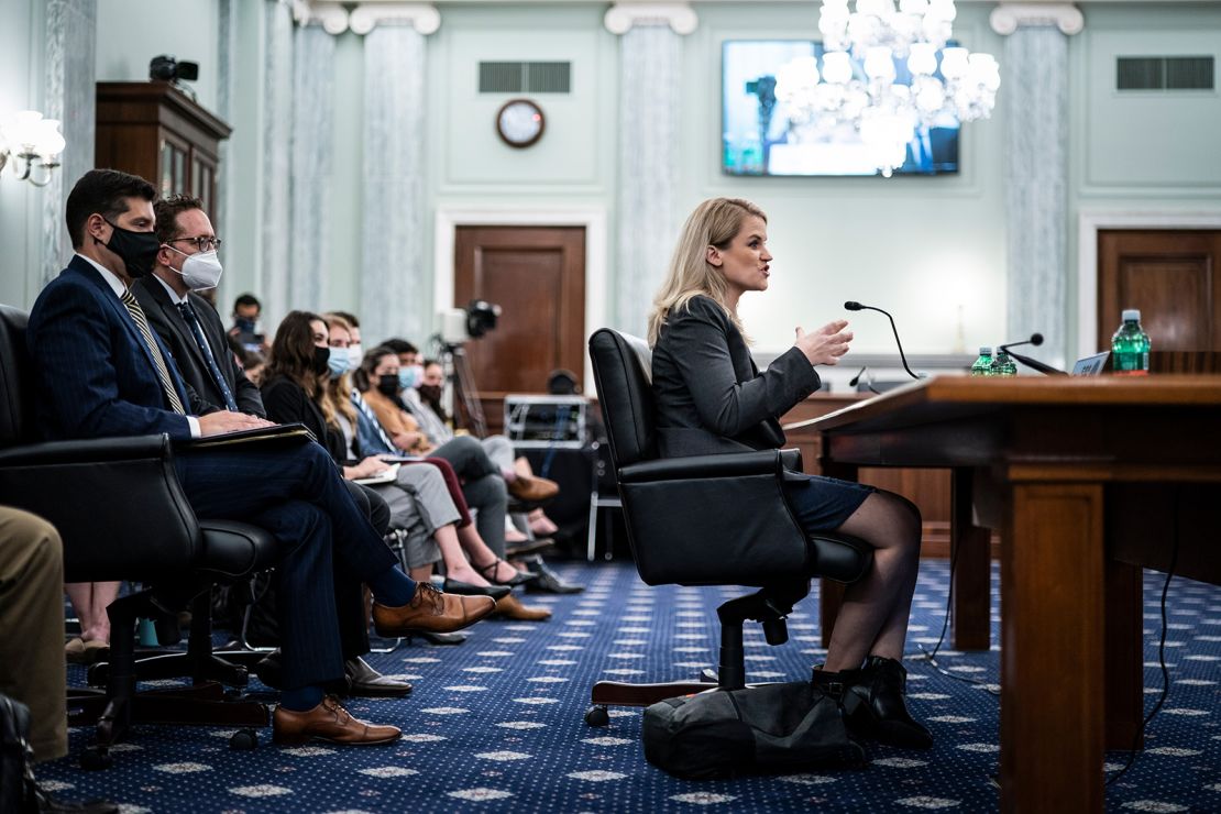 Former Facebook employee and whistleblower Frances Haugen testifies during a Senate Committee on Commerce, Science, and Transportation hearing entitled 'Protecting Kids Online: Testimony from a Facebook Whistleblower' on Capitol Hill, October 05, 2021 in Washington, DC. 