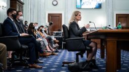  Former Facebook employee and whistleblower Frances Haugen testifies during a Senate Committee on Commerce, Science, and Transportation hearing