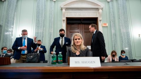 Former Facebook employee Frances Haugen prepares to leave at the end of a Senate Committee on Commerce, Science, and Transportation hearing entitled 'Protecting Kids Online: Testimony from a Facebook Whistleblower' on Capitol Hill October 5, 2021 in Washington. Haugen left Facebook in May and provided internal company documents about Facebook to journalists and others, alleging that Facebook consistently chooses profit over safety. 
