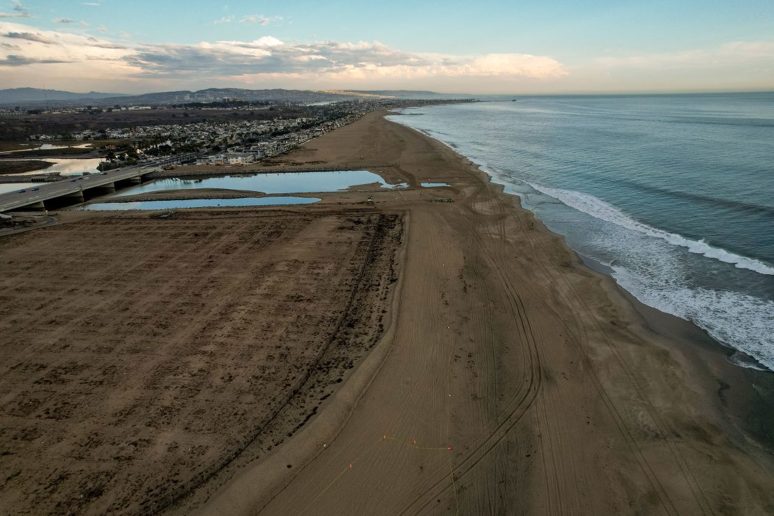The recently cleaned beach in the affected area of the oil spill off the coast of Huntington Beach on Monday.