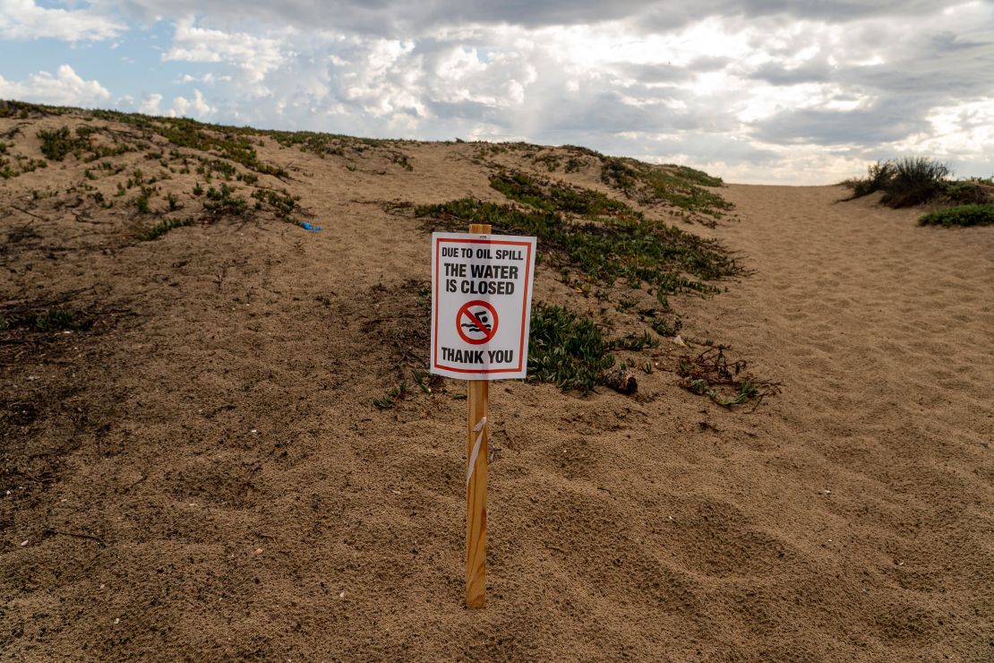 Signage near the affected area of the oil spill off the coast of Huntington Beach, California on Monday, October 4, 2021. 