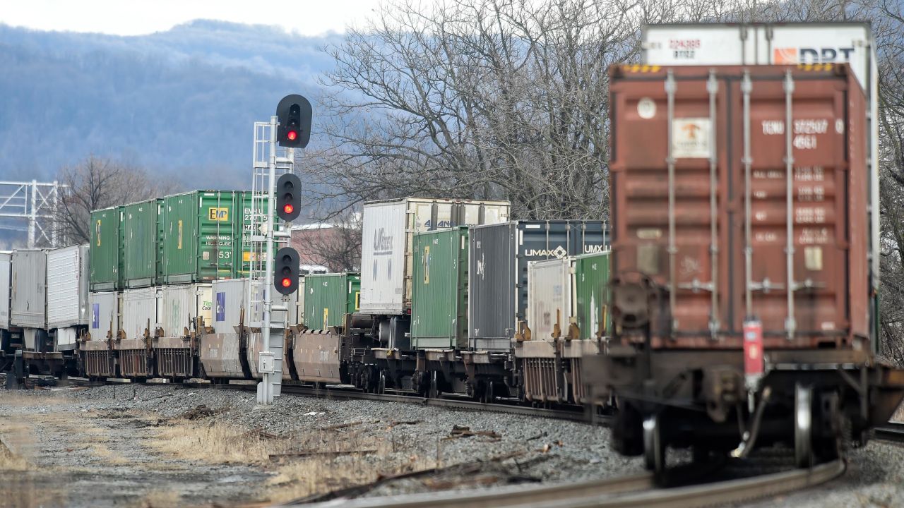 A freight train travels East in Wyomissing, Pennsylvania, in January 2021.