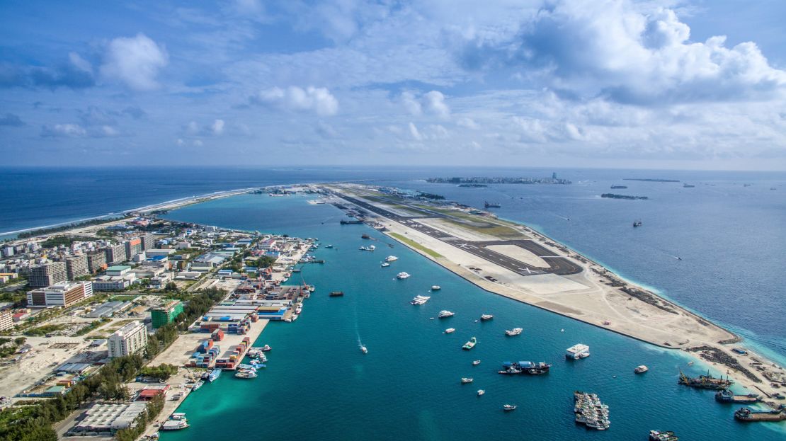An aerial view of the new runway built by China's Beijing Urban Construction Group at the Velana International Airport in Hulhule Island, Maldives, 18 September 2018. An Airbus A380 jumbo jet took first test flight on the Velana International Airport's new runway. The 3,400-meter-long, 60-meter-wide Chian-built runway will open the airport to the Airbus A380 jetliner, the world's largest passenger airline. The US$400 million runway project was awarded to China's Beijing Urban Construction Group as part of ambitious plans to upgrade the country's main international airport. The Chinese construction giant will also build a fuel farm with a storage capacity of 45 million litres and a cargo complex with the capacity to handle 120,000 tonnes.  (Imaginechina via AP Images)