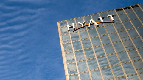 underscored hyatt hotels sign at top of building