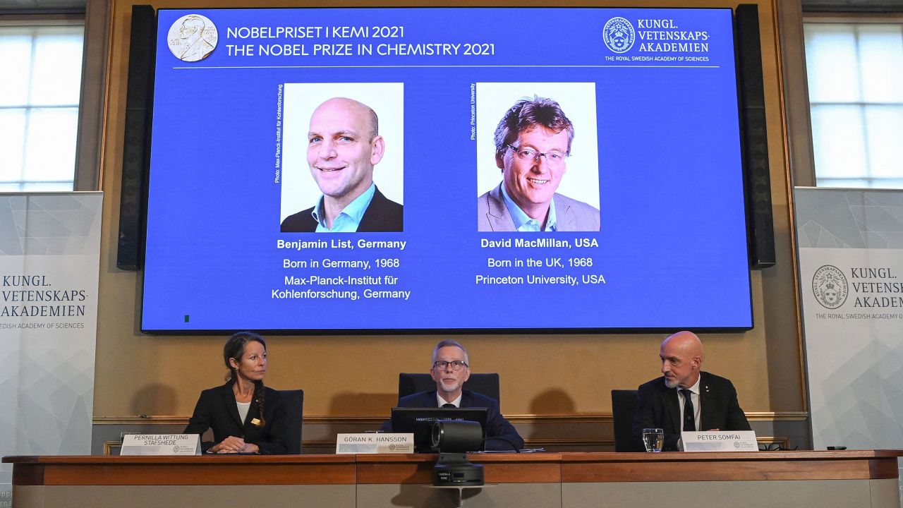 Benjamin List and David MacMillan are announced as winners of the 2021 Nobel prize in chemistry, at the Royal Swedish Academy of Sciences in Stockholm on October 6.