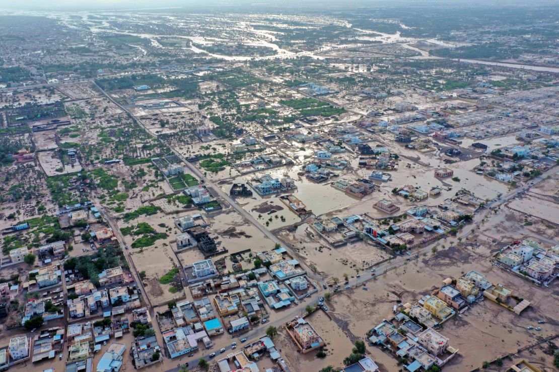 An aerial view shows the aftermath of tropical Cyclone Shaheen's extreme rains in al-Khaburah city of Oman's al-Batinah region on Oct. 4, 2021.