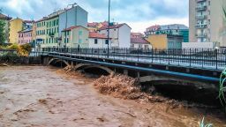 A view of a river near Savona in Northern Italy, swallowed after heavy rains in the region, on Oct. 4, 2021. Heavy rain battered Liguria, the northwest region of Italy bordering France, causing flooding and mudslides on Monday in several places. No casualties were reported. The hardest-hit city was Savona, on the Ligurian Sea coast. But towns in the region's hilly interior also suffered flooding and landslides, as some streams overflowed their banks. 