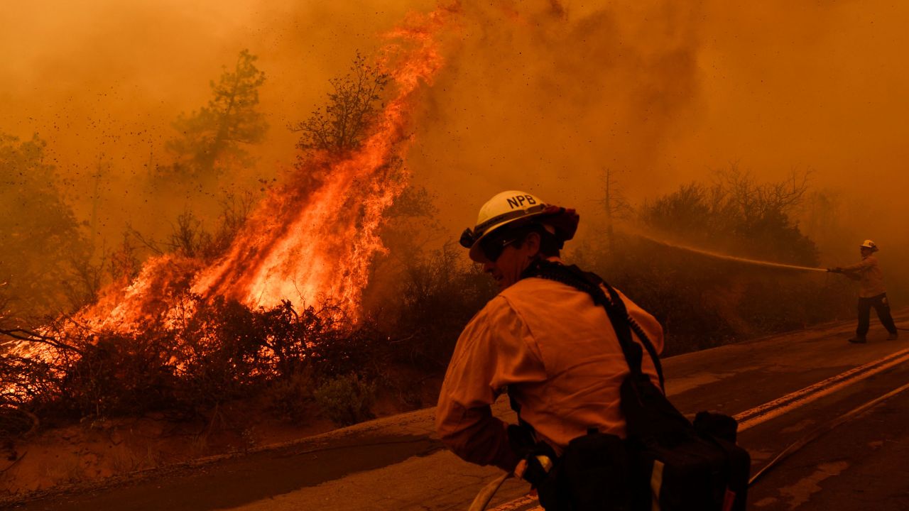 Firefighters battle the Windy Fire in the Sequoia National Forest in California on September 22, 2021.