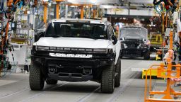 A GMC Hummer EV truck is shown at General Motors Factory Zero on August 5, 2021 in Detroit, Michigan. Secretary Granholm is touring several manufacturing facilities in southeast Michigan today to help promote the Biden administrations infrastructure proposal.