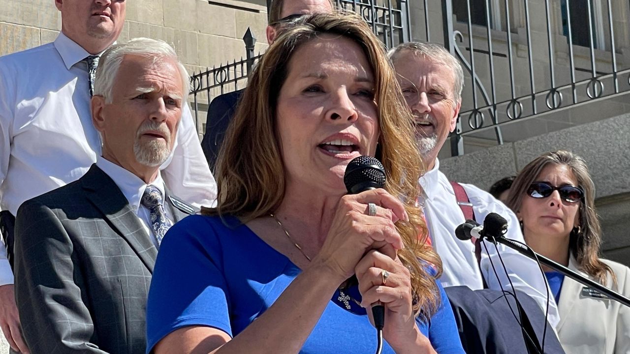 Republican Lt. Gov. Janice McGeachin addresses a rally on the Statehouse steps in Boise, Idaho on September 15. Idaho Gov. Brad Little said he will rescind an executive order involving COVID-19 vaccines by McGeachin, and the commanding general of the Idaho National Guard also on Tuesday, Oct. 5 told McGeachin she can't activate troops to send to the U.S.-Mexico border. Little and Major General Michael J. Garshak made the decisions as McGeachin attempted to exercise her authority as acting governor with Little out of the state.
