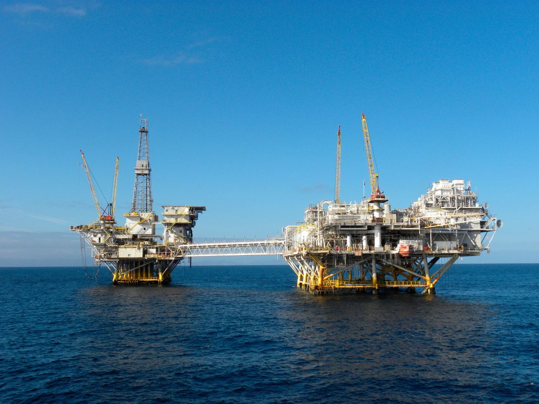 This October 22, 2012, photo provided by the federal Bureau of Safety and Environmental Enforcement shows the platforms Ellen and Elly offshore near Long Beach, California.